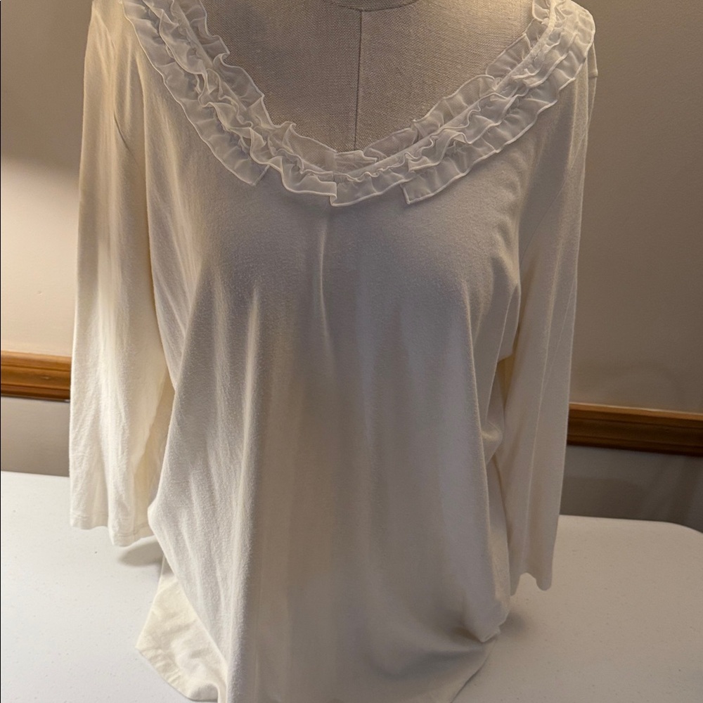 Jones New York White Ruffled Neckline Top